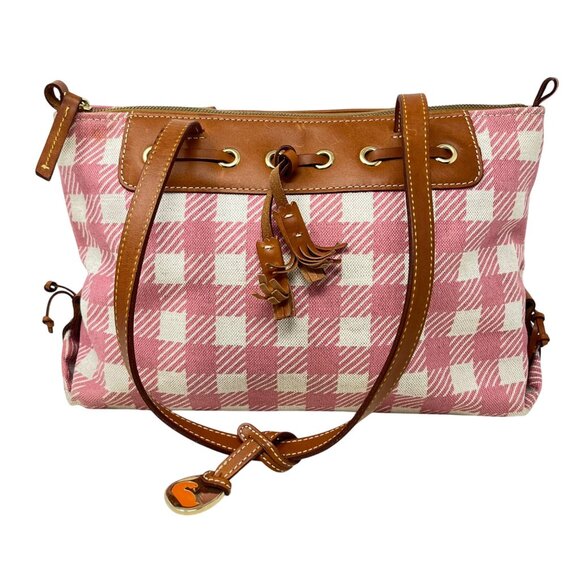 Dooney & Bourke Pink & Beige Checkered Canvas Tote Bag With Leather‎ Accents - Picture 1 of 15